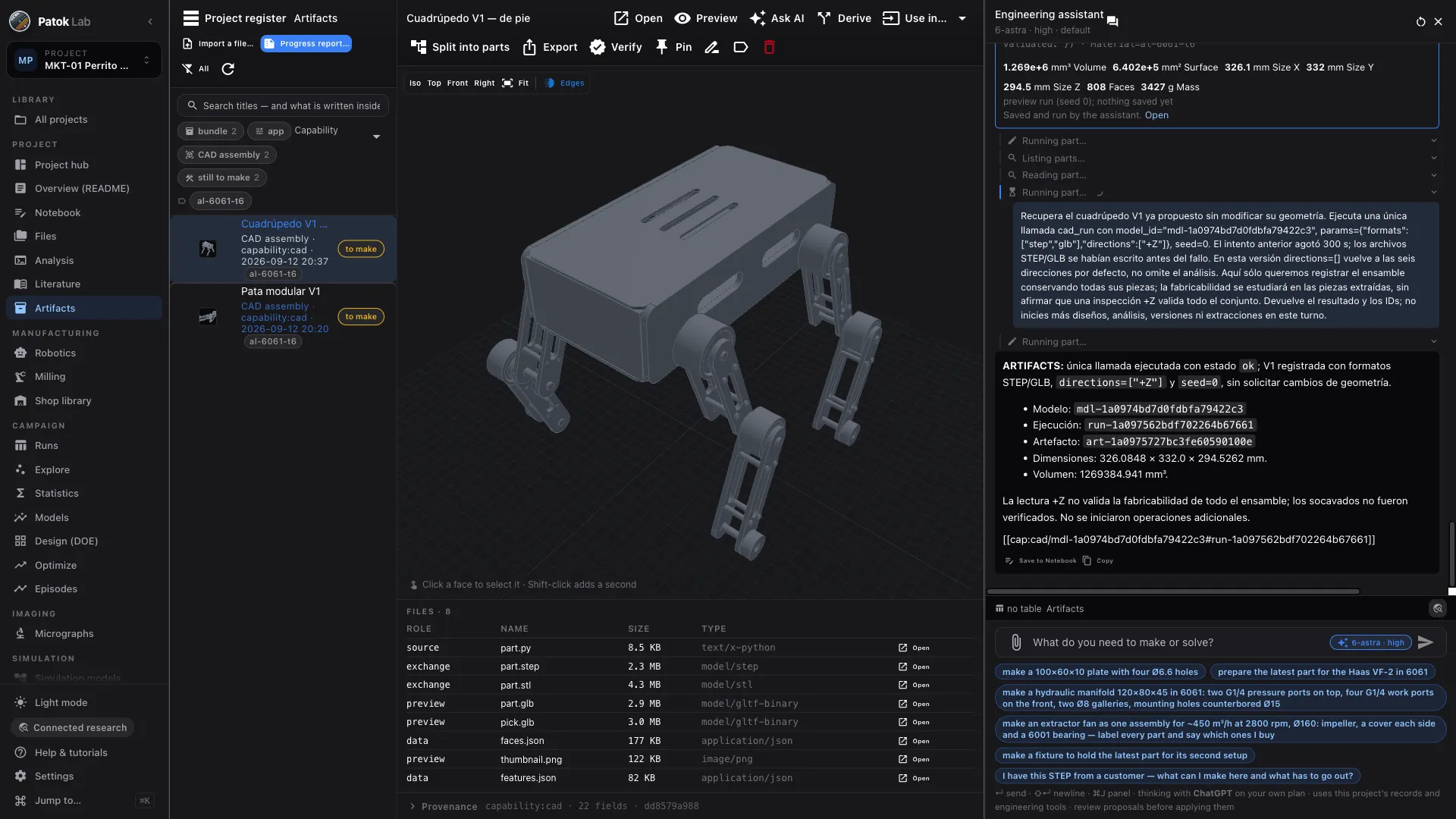 Patok Lab: the quadruped assembly in 3D, its CAD artifacts and the engineering assistant that built it