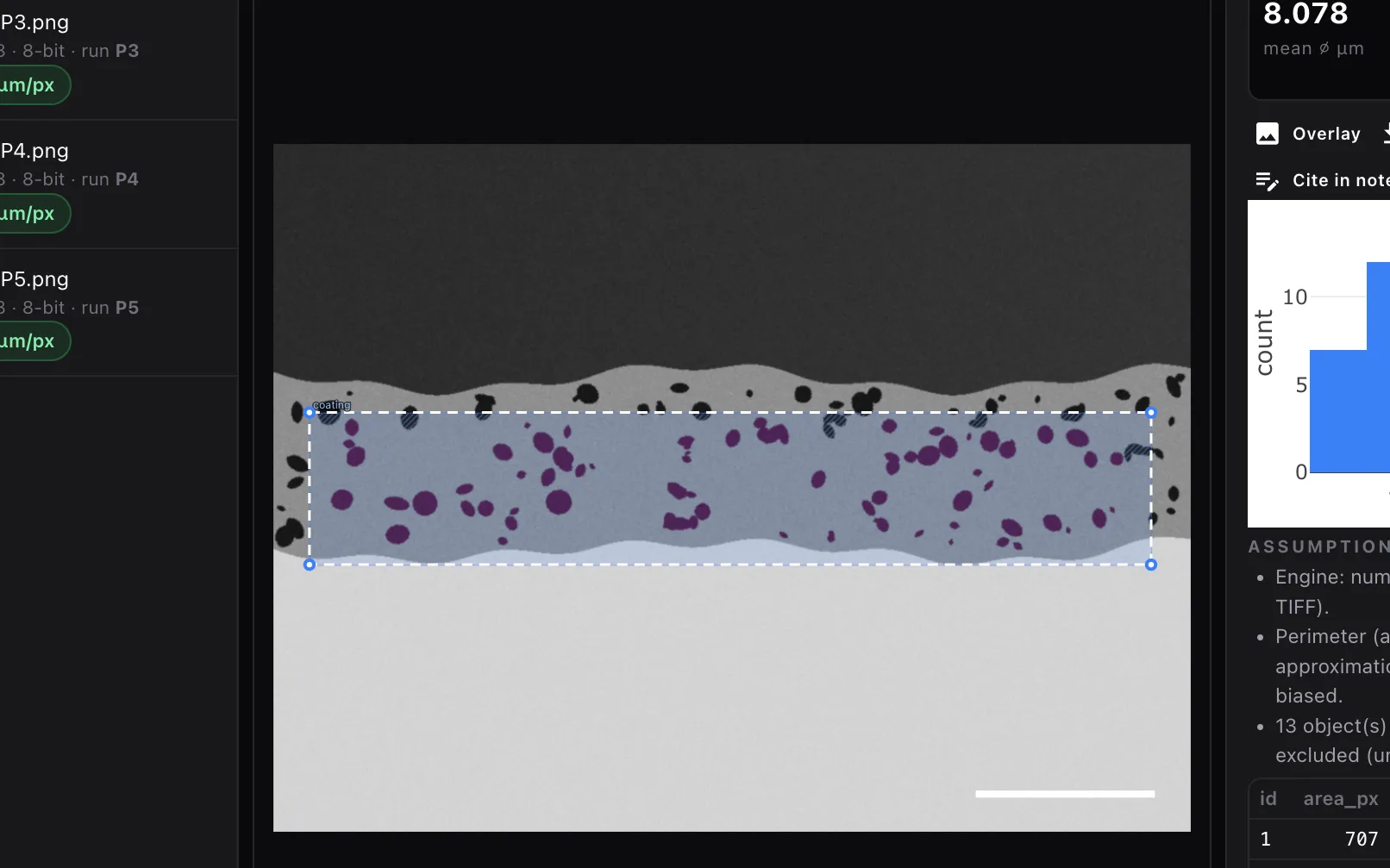 Patok Lab — a micrograph with the pore mask overlay and the porosity results