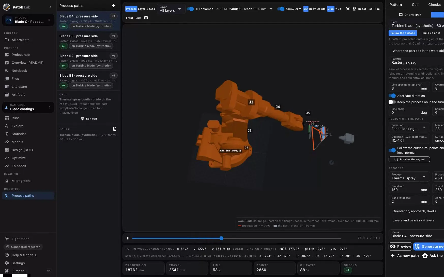 Patok Lab — a raster path on a coupon with the arm following the tool centre point