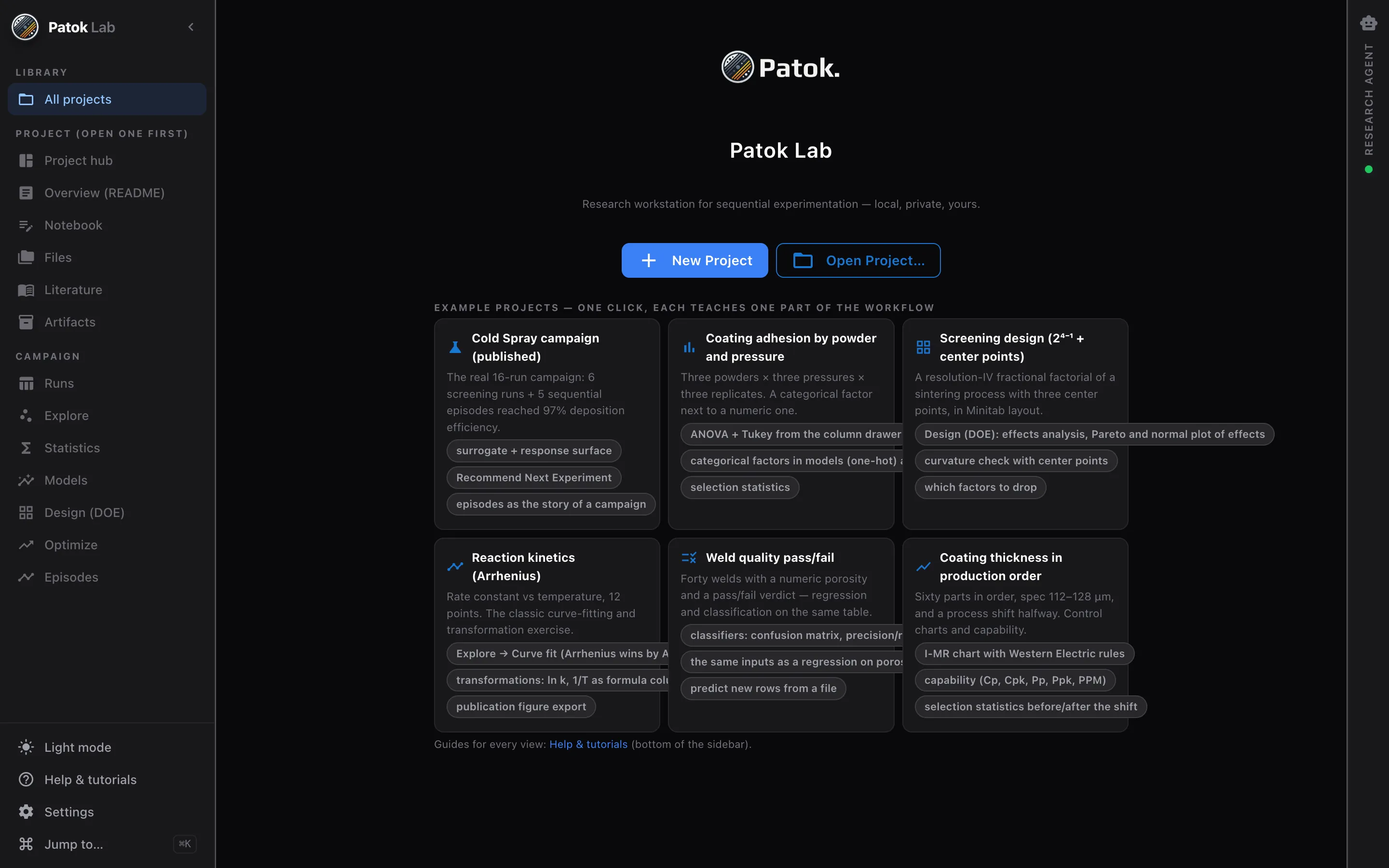 Patok Lab All projects page: the project library and the gallery of six one-click example projects.