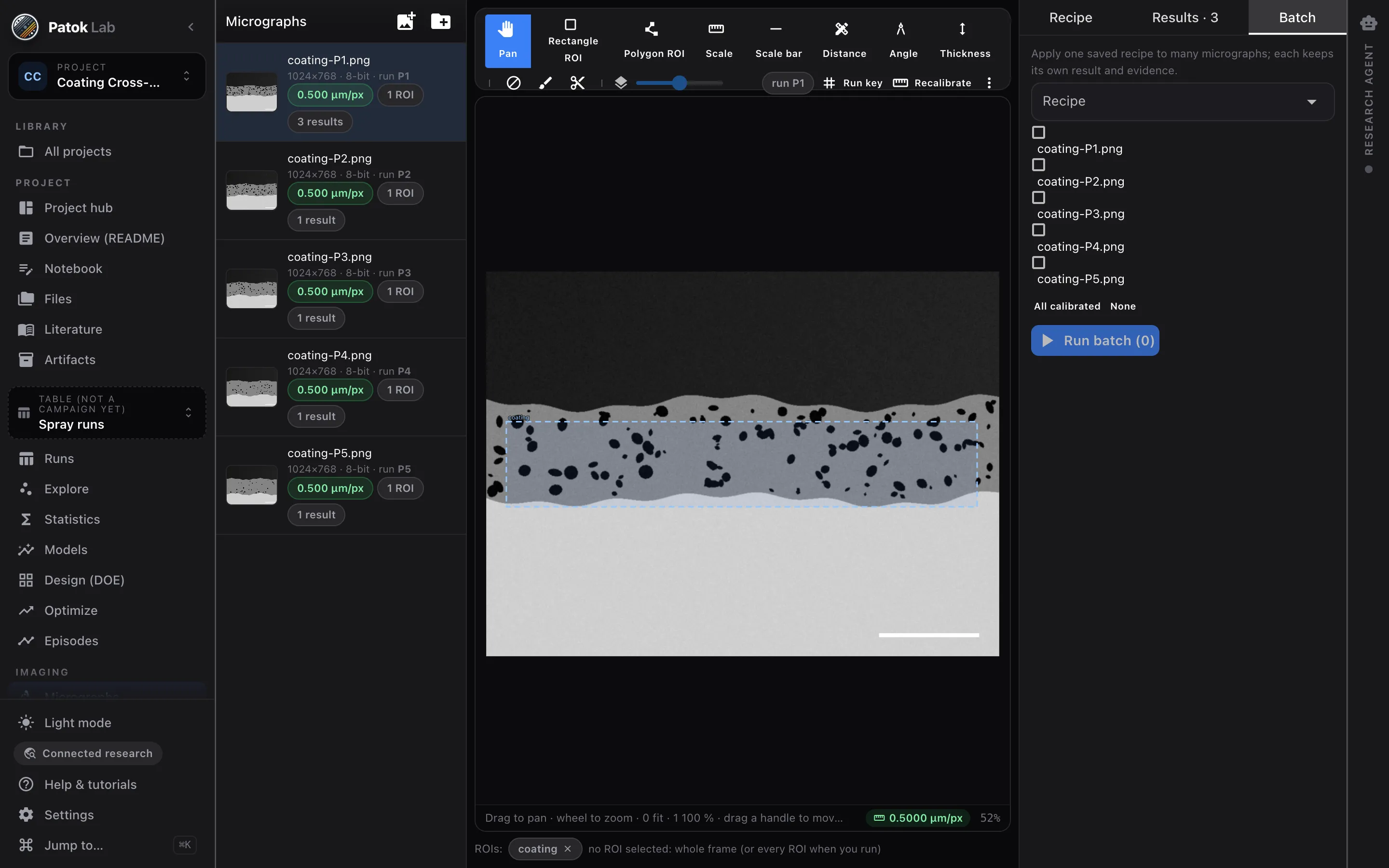 Batch of five micrographs with mean and spread