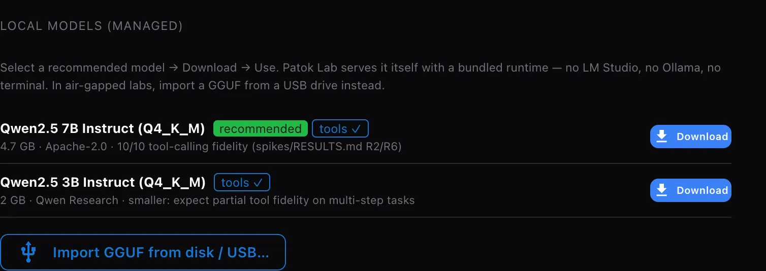 Patok Lab Settings → Local models: curated model catalog with Download and Use, and Import GGUF from disk or USB.