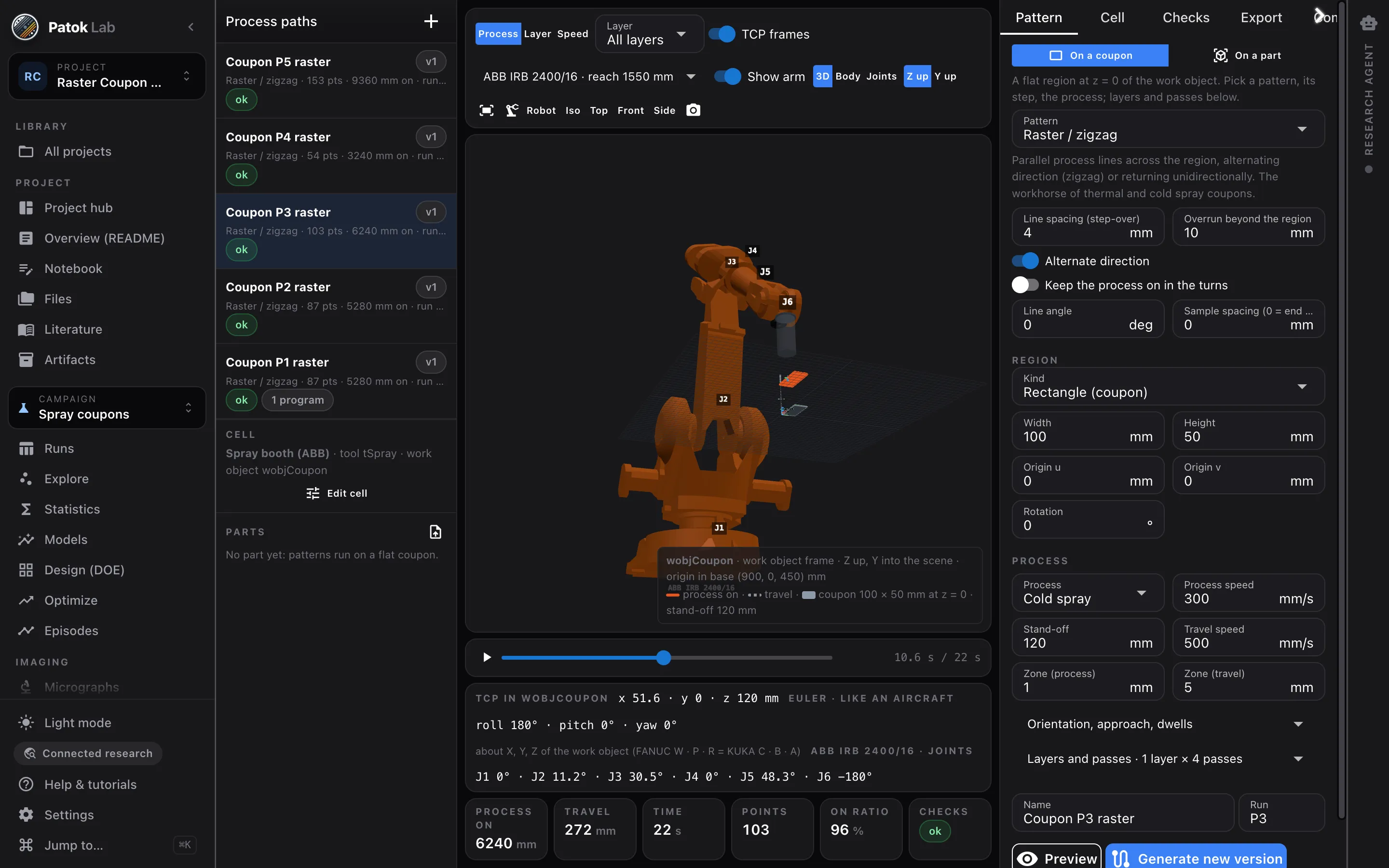 Patok Lab — a raster path on a coupon with the ABB arm following the tool centre point