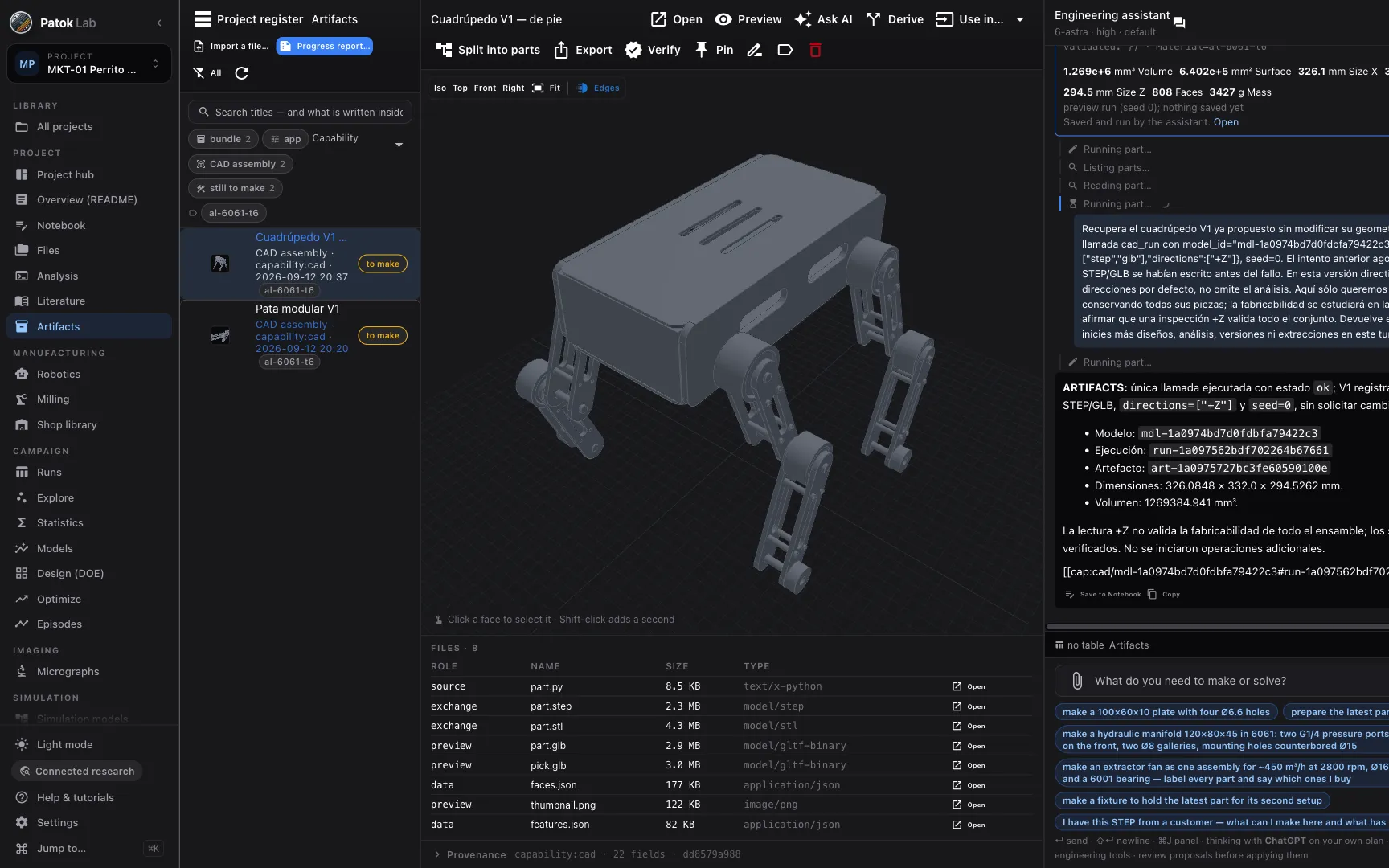 Patok Lab: the quadruped assembly in 3D, its CAD artifacts and the engineering assistant that built it