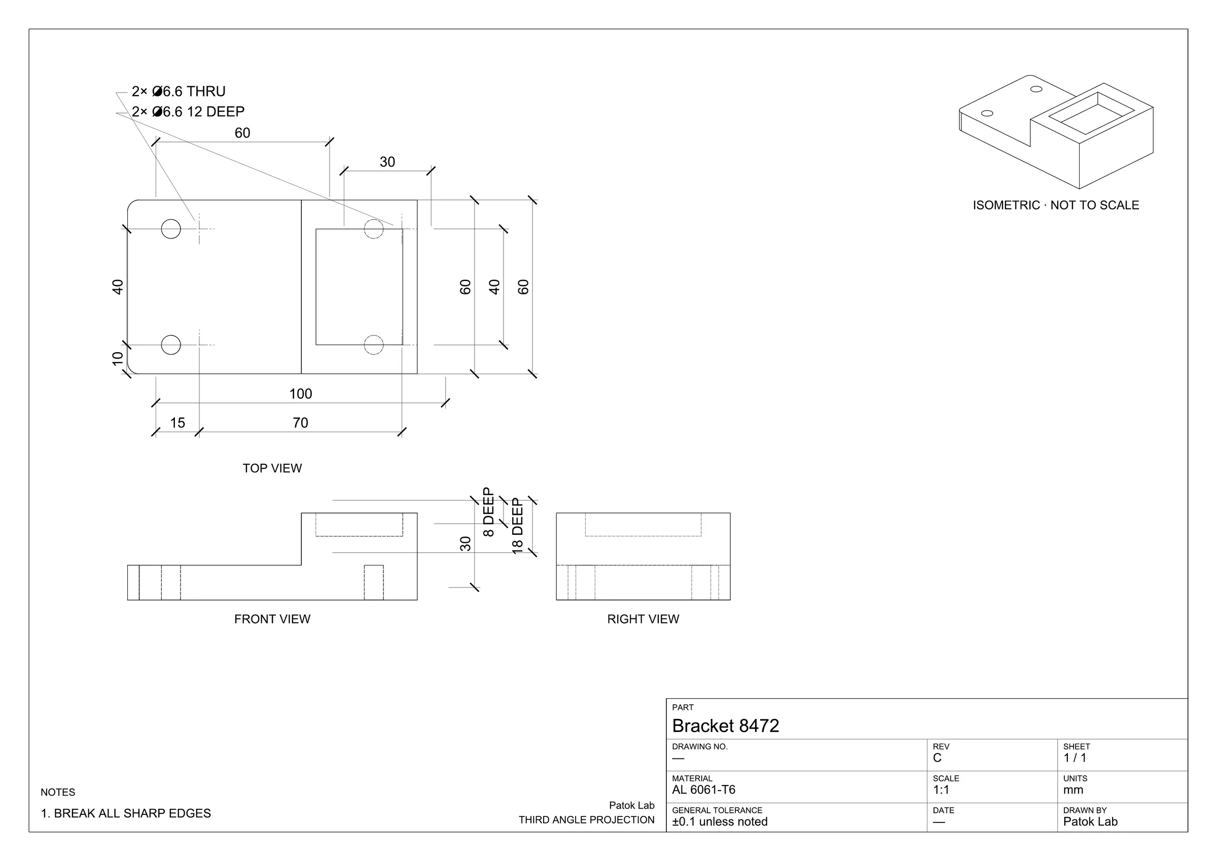 Patok Lab — the blueprint drawn from the part, A3 at 1:1 with top, front, right and isometric views