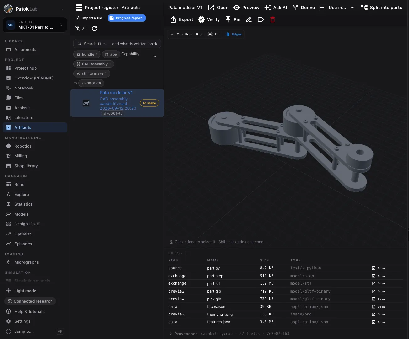 Patok Lab: the leg module in 3D, its eight files with their provenance, and the engineering assistant proposing the part