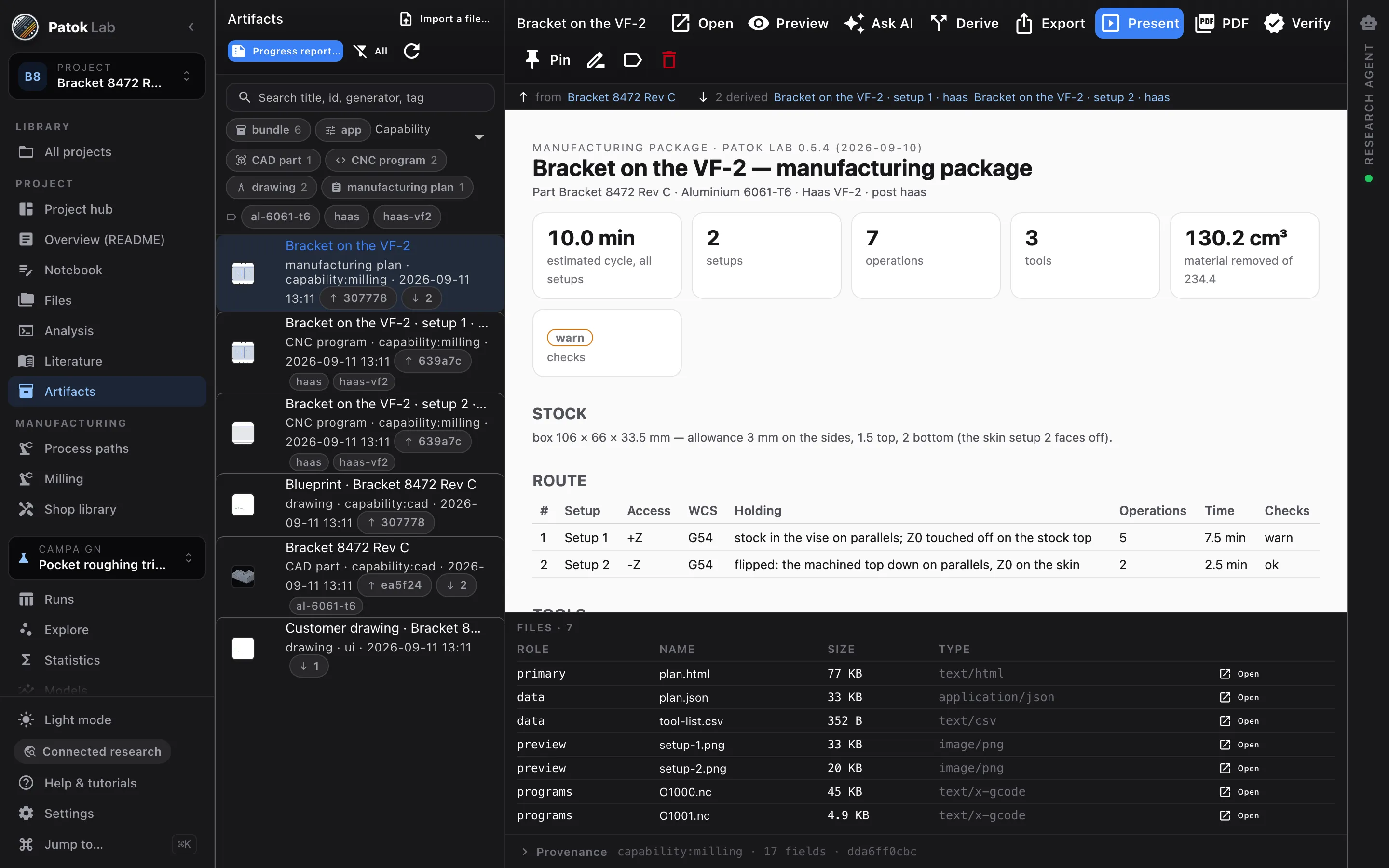 Patok Lab — the manufacturing package with its route table, checks and the programs it carries