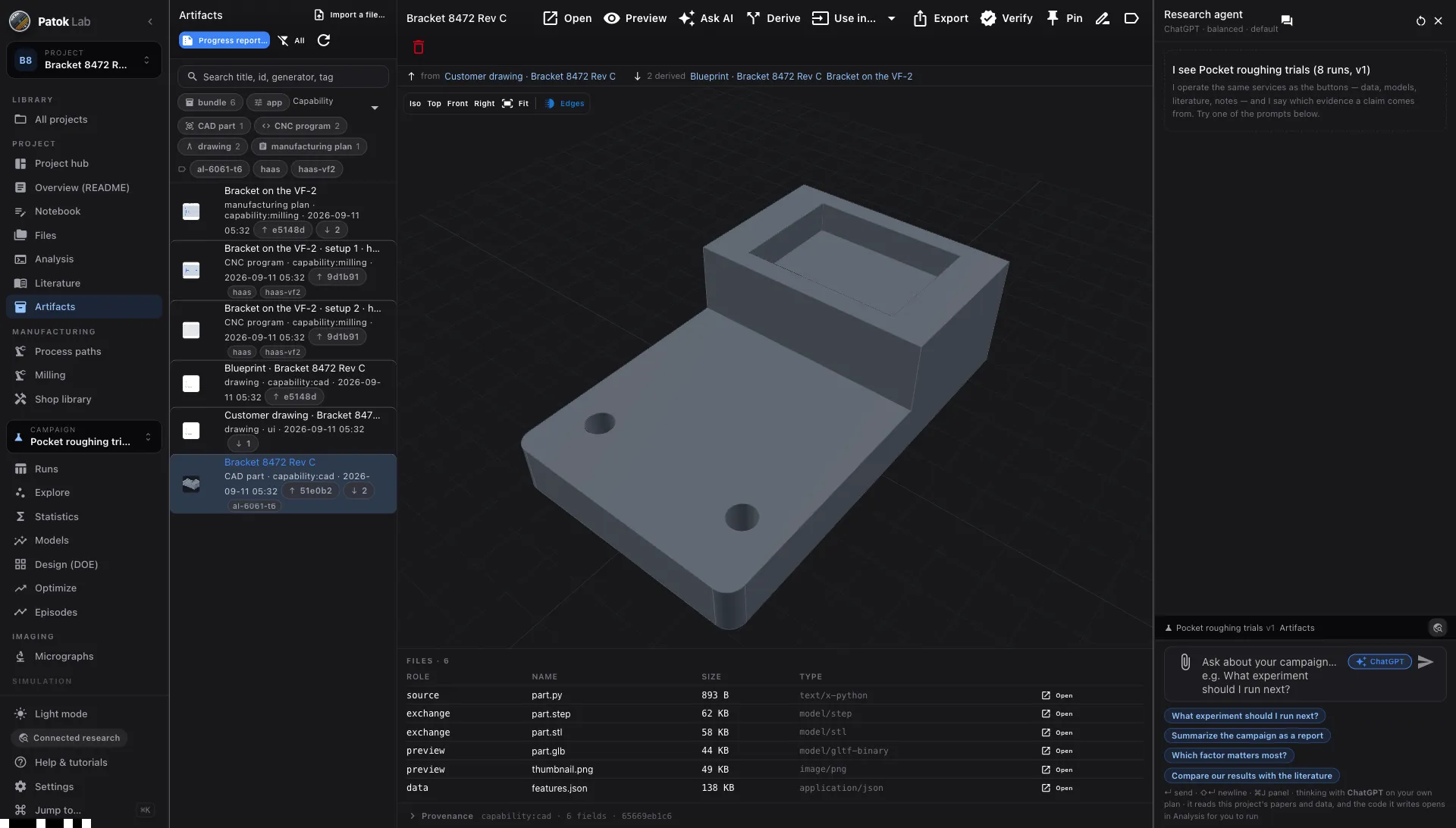 Patok Lab: the bracket in 3D with its files and provenance, and the agent beside it